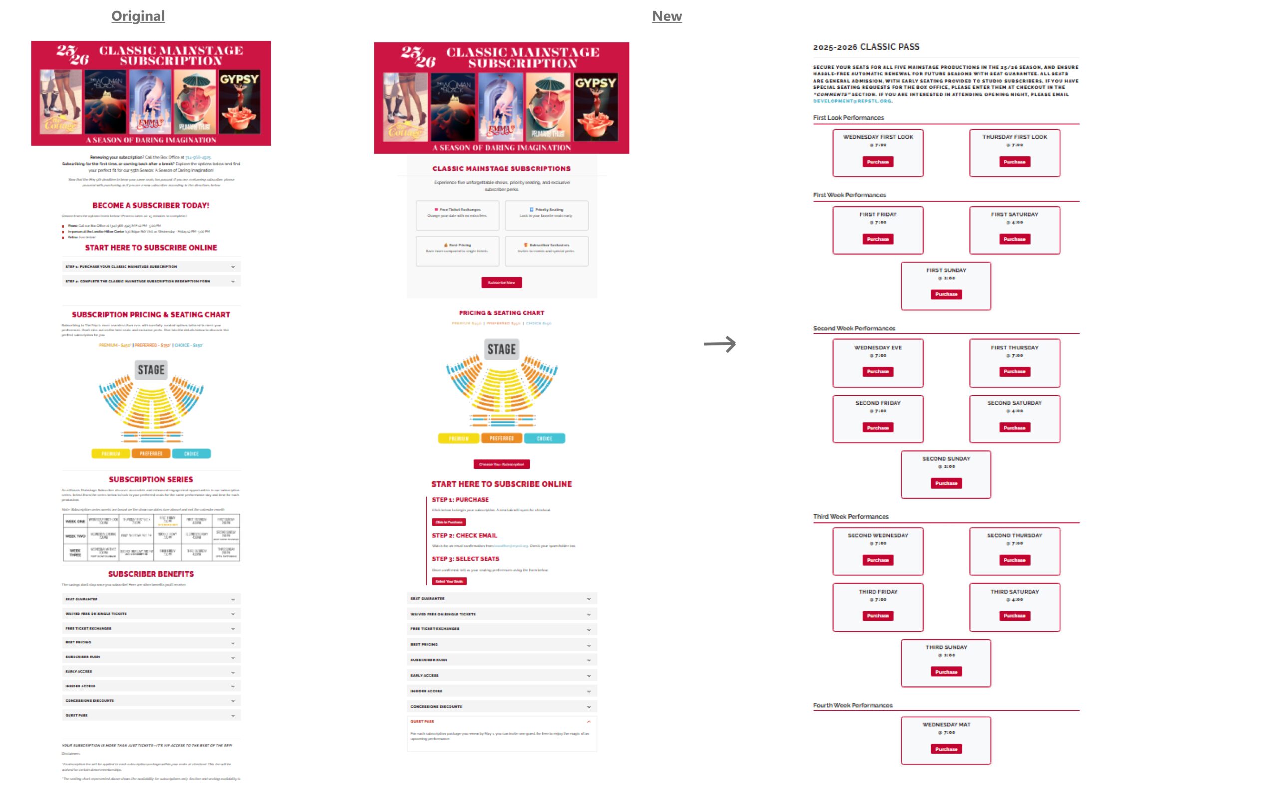 Before and after comparison of the Rep STL Classic Mainstage Subscription page redesign
